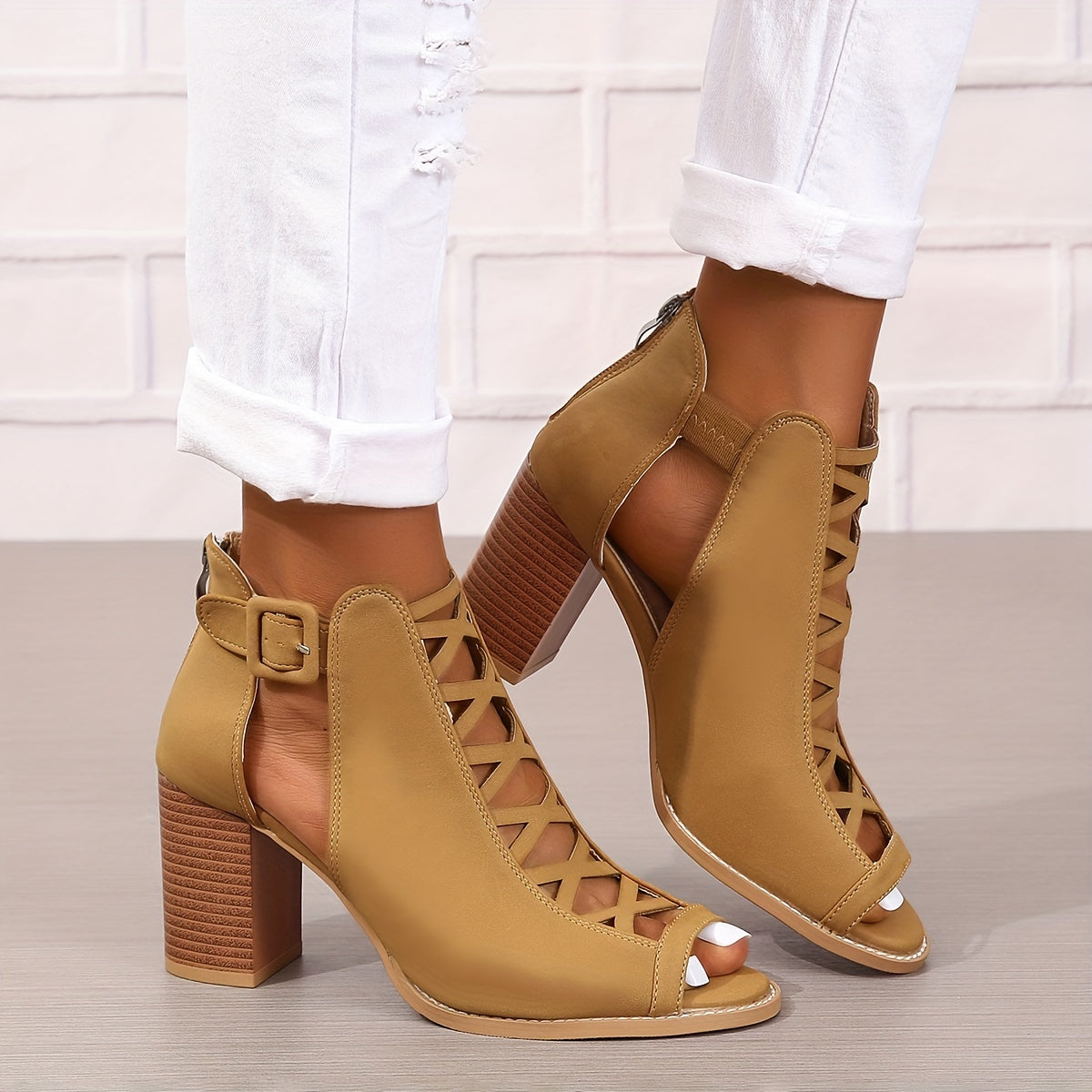 Women's Chunky Heeled Sandals, Peep Toe Cut-out Buckle Strap Stacked Heels, Retro High Heels