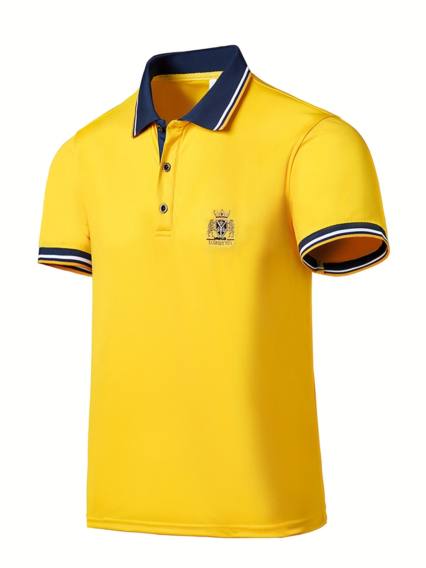 Men's Casual Shirt - Vibrant Red with Golden Embroidered Crest, Short Sleeve Summer Shirt, Regular Fit, Black & Yellow Trim Collar, Breathable Fabric for Casual & Semi-Formal Wear, Contrast Stripe Detailing