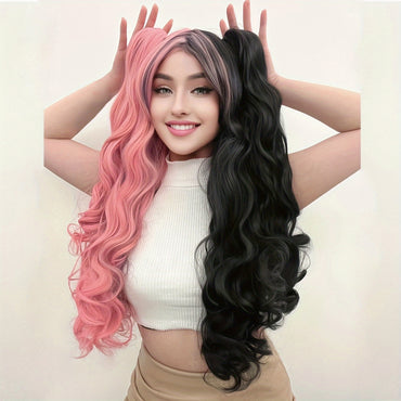 Ponytail Wig Synthetic Long Black And White Color Blocking White Blue Red Colored Curly Cosplay Wig With Double Ponytails For Black Friday Halloween Christmas Thanksgiving Day For Music Festival