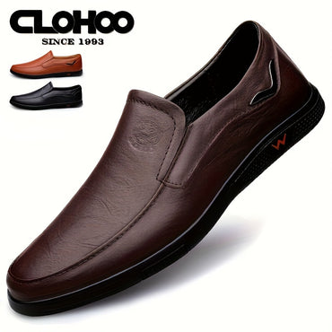 CLOHOO Men's Slip-On Casual Shoes - Genuine Leather Upper, Rubber Sole with PU Cushioned Insole, All-Season Comfort for Business & Vacation, Brown/Black, Casual Footwear | Classic Slipon | Rubber Sole Footwear