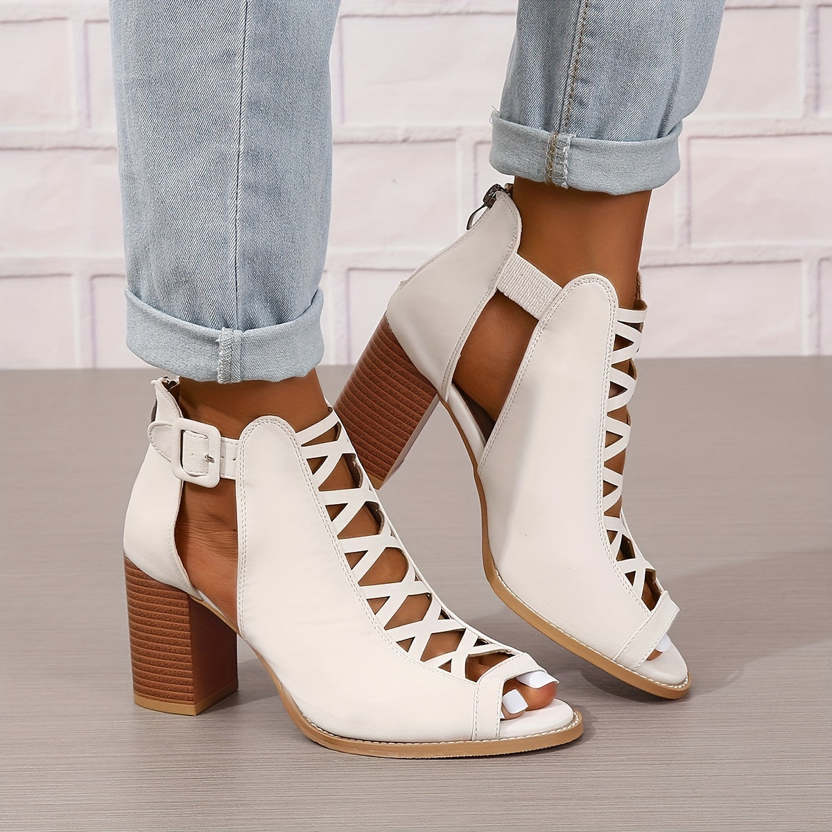 Women's Chunky Heeled Sandals, Peep Toe Cut-out Buckle Strap Stacked Heels, Retro High Heels