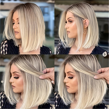 Bob Wig For Women Short Straight Synthetic Hair With Blonde Highlights Middle Part