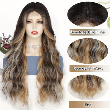 4*1 U-Part Lace Front Long Wigs For Women Middle Part Wavy Curly Wig With Dark Roots Synthetic Heat Resistant Fiber Wig For Daily Party Use (Brown With Blonde)