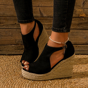 Chic Espadrille Wedge Sandals - Stylish Peep Toe with Cut-out Detail, Adjustable Buckle Strap, Stiletto Heels, and Comfortable Platform - Perfect Trendy Footwear for Your Summer Holiday