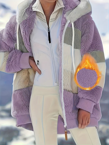 Plus Size Casual Coat, Women's Plus Colorblock Teddy Fleece Hooded Drawstring Zipper Long Sleeve Loose Fit Coat With Pockets