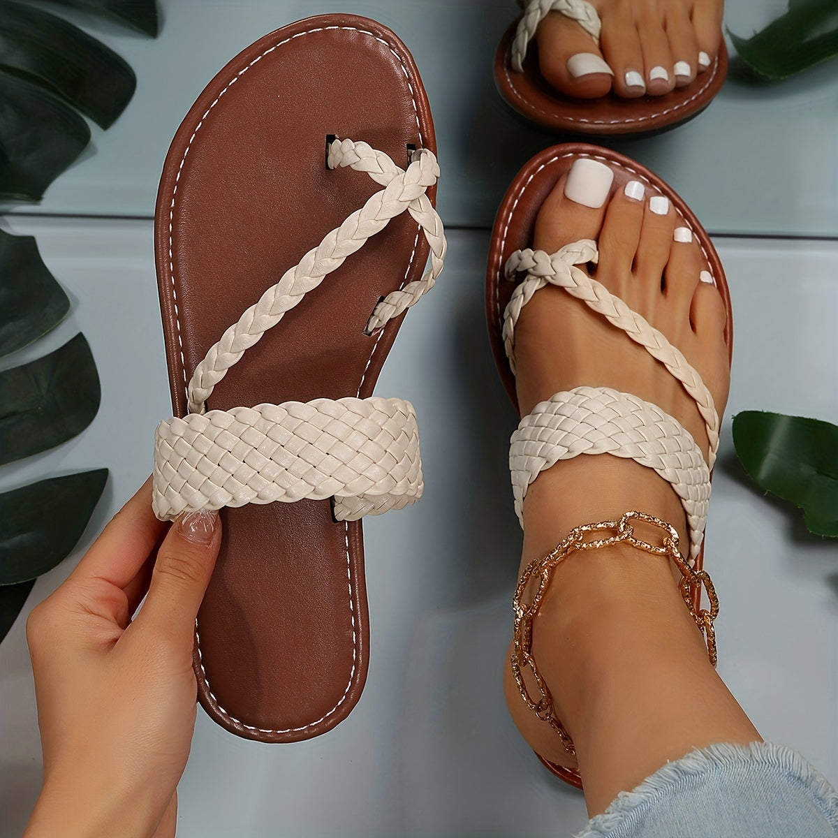 Women's Flat Slide Sandals, Toe Loop Braided Band Slip On Shoes, Casual Beach Slides