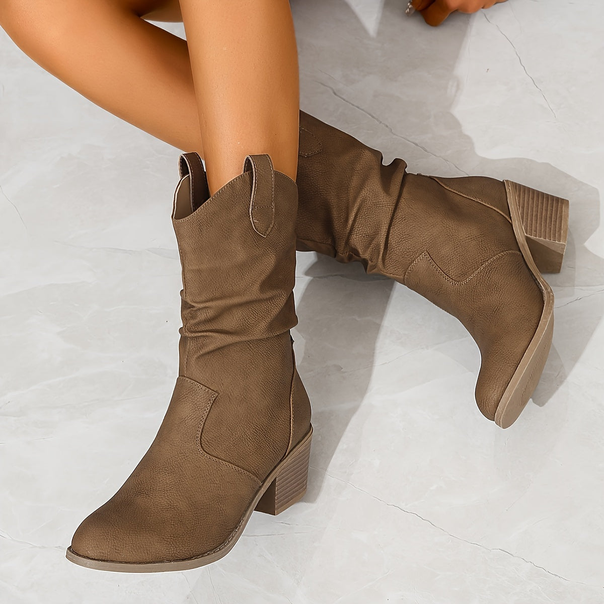 Mid Calf Women's Slouch Boots, Solid Color V-cut Slip On Cowgirl Low Heel Block Stacked Heels