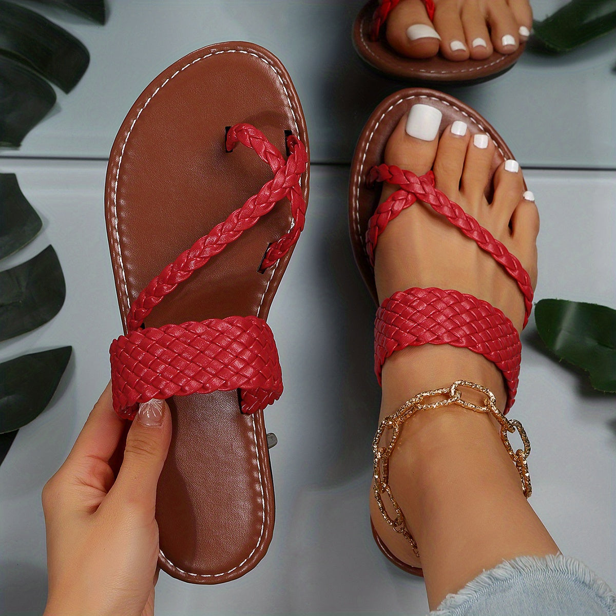 Women's Flat Slide Sandals, Toe Loop Braided Band Slip On Shoes, Casual Beach Slides