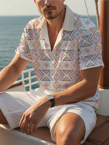 Geometric Print Men's Casual Shirt, Beach Travel Top, Fashionable Short Sleeve Summer Wear, For Beach Outdoor Holiday