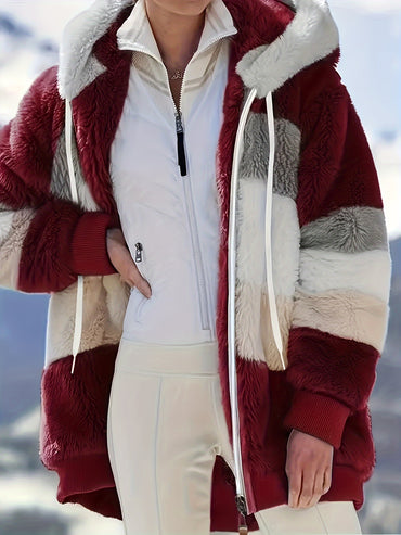 Ultra-Soft Color Block Fuzzy Hooded Coat - Stylish Winter Warm Outerwear with Full-Length Sleeves - Perfect for Casual Wear - Womens Clothing