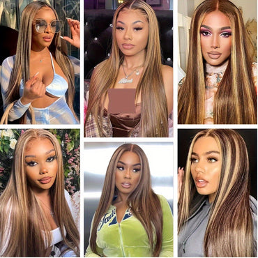 Glueless Wigs Human Hair Pre Cut Lace 4/27 Highlight Ombre Straight Lace Front Wig Human Hair 180% Density 5X5 HD Honey Blonde Lace Front Wig Human Hair For Women Pre Plucked With Baby Hair