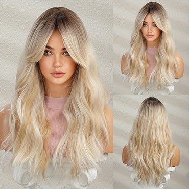 Long Ombre Blonde Hair Wig Natural Looking Layered Wavy Wigs For Women Heat Resistant Hair Wig Cosplay Party Synthetic Wig
