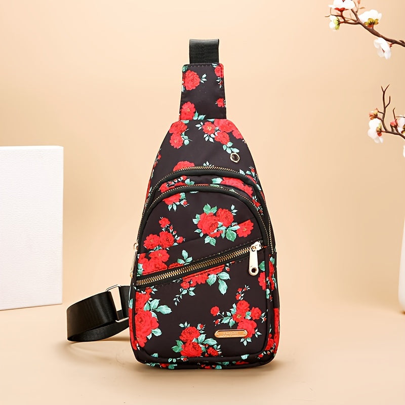 Large Capacity Chest Bag for Women - Adjustable Embroidered Crossbody Bag with Zipper Closure, Polyester Lining, Foldable, and Random Printing - Urban Solid Color Nylon Bag with Comfortable Strap