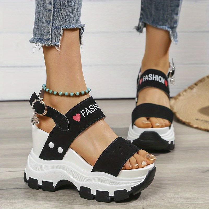 Casual Elegance Open-Toe Wedge Sandals, Solid Color with Strappy Back & Metal Buckle, Comfortable Platform Heel Fashion Footwear for Women