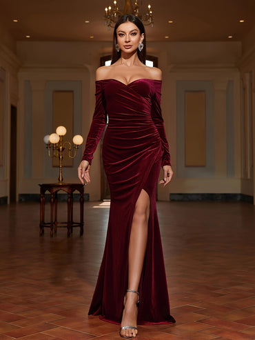 Stunning Off-Shoulder Ruched Bodycon Dress - Elegant Long Sleeve Party Dresses for Women - Split Thigh, Flattering Fit, and Chic Design for Banquet and Special Occasions