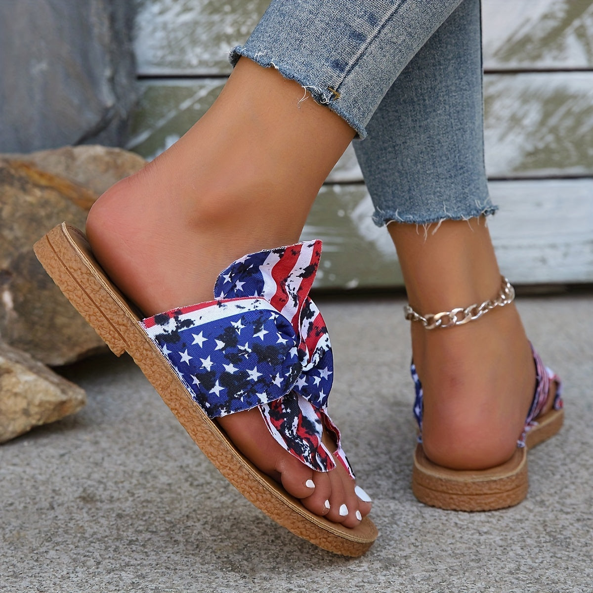 Women's Flag Pattern Slide Sandals, Bowknot Toe Loop Slip On Flat Shoes, Casual Sandals For The 4th Of July Summer Casual Shoes For Independence Day