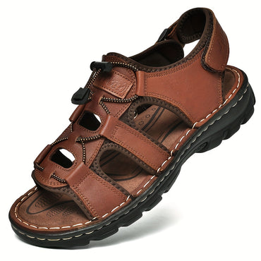 Plus Size Men's Top Grain Leather Vintage Old School Style Open Toe Breathable Sandals With Adjustable Buckle, Comfy Non Slip Durable Beach Water Shoes, Men's Footwear