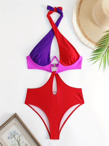 Colorblock Halter Neck One Piece Swimsuit, Cut Out Backless High Cut Bathing Suit, Women's Swimwear & Clothing