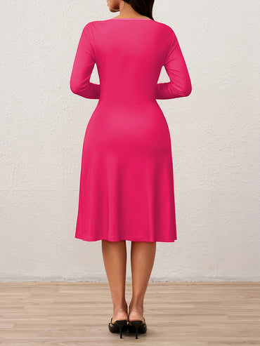 Women's Elegant Pink & Black Colorblock Bow Accent Dress - Round Neck Short Sleeve A-Line Silhouette, Machine Washable Fall Party Wedding Guest Dress with Structured Waist, Versatile Casual to Semi-Formal Outfit, Autumn New F