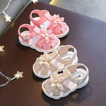 Girls Baby Flower Trendy Breathable Closed Toe Sandals, Lightweight Soft Sandals Crib Shoes For Indoor Outdoor Spring