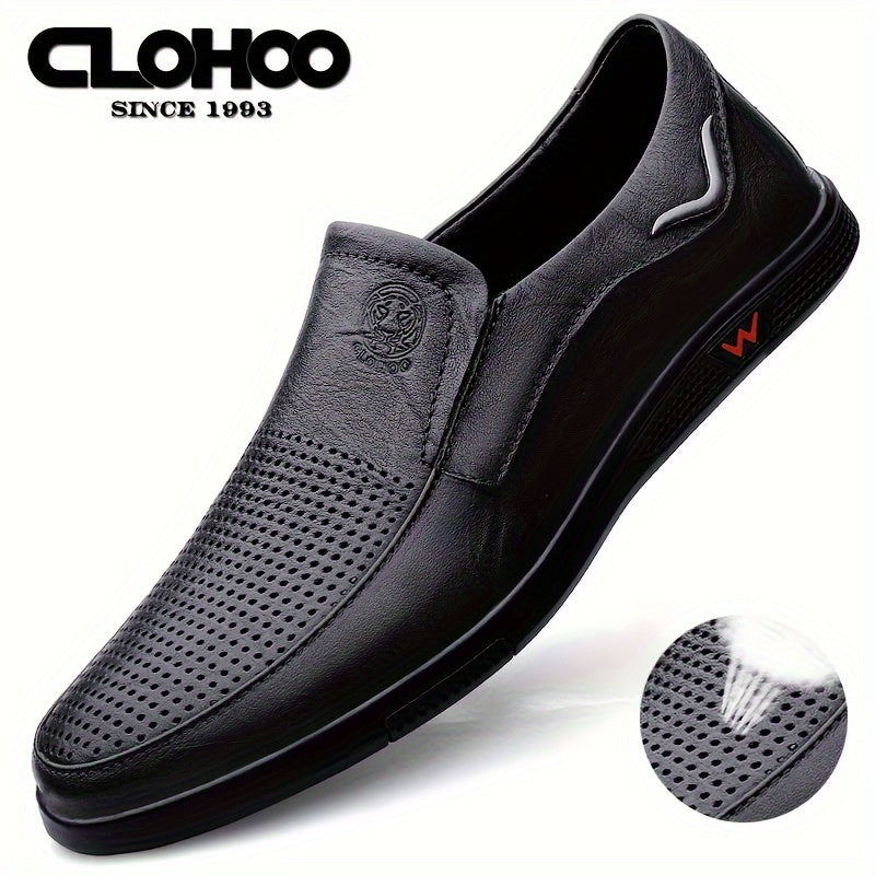 CLOHOO Men's Slip-On Casual Shoes - Genuine Leather Upper, Rubber Sole with PU Cushioned Insole, All-Season Comfort for Business & Vacation, Brown/Black, Casual Footwear | Classic Slipon | Rubber Sole Footwear