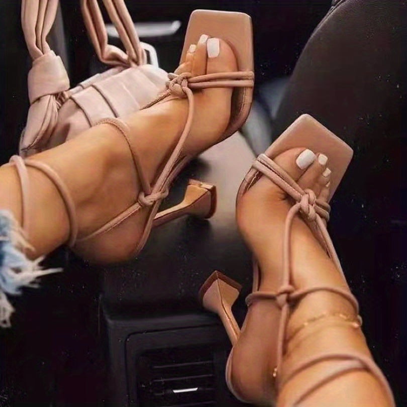 Chic Womens Square Toe Heeled Sandals - Elegant Cross-Strap, Lace-Up Design, Pyramid Heel - Perfect for Parties and Dressy Occasions