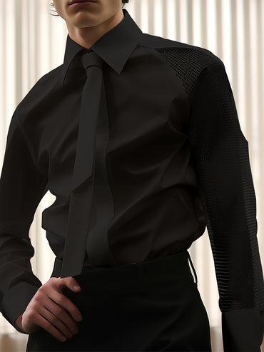 Cross-border foreign trade Men's shirt autumn new Men's casual shirt European and American Men's high-end banquet gentleman shirt plain long-sleeved net splicing shirt performance uniform