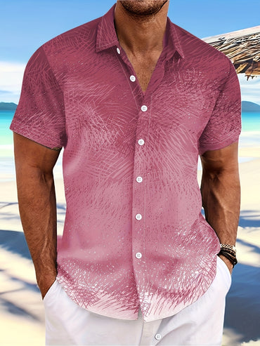 Men's Vibrant Pink to Purple Gradient Short Sleeve Shirt - Lightweight Polyester, Button-Up with Chest Pocket, Ideal for Summer Beach Parties & Casual Wear, Beach Wear