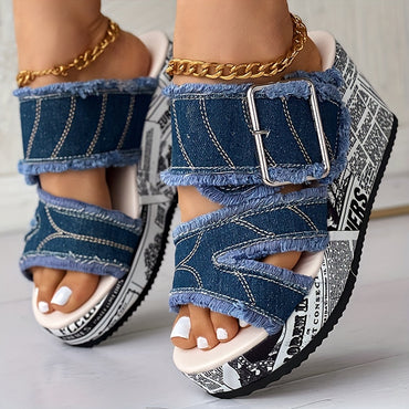Women's Letter Print & Denim Canvas Sandals, Slip-on Buckle Wedge Heel Shoes, Fashion & Summer Women's Shoes