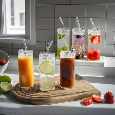 6pcs Square Lidded Glass Cups, Portable Drinking Cups, Iced Coffee Cups With Lids/straws, Father'S Day Cups, Perfect For Office, Party Supplies, Home, School, And Outdoor Use