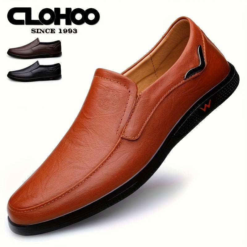 CLOHOO Men's Slip-On Casual Shoes - Genuine Leather Upper, Rubber Sole with PU Cushioned Insole, All-Season Comfort for Business & Vacation, Brown/Black, Casual Footwear | Classic Slipon | Rubber Sole Footwear