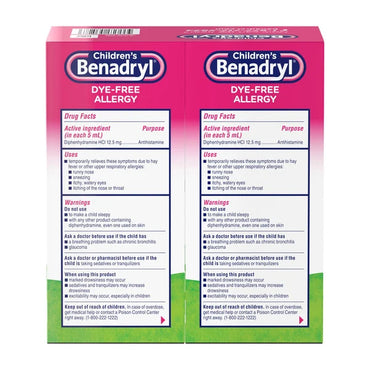 Children's Benadryl Diphenhydramine HCl Dye-Free Allergy Bubble Gum Flavor Liquid, 16 Fluid Ounces 2 X 8 OZ