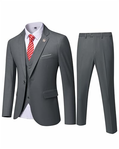 YND Men's Slim Fit 3 Piece Suit Set with Stretch Fabric, One Button Blazer Vest Pants, Solid Party Wedding Dress, Jacket Waistcoat and Trousers with Tie Deep Grey