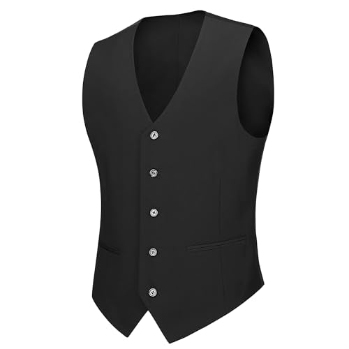 Cooper & Nelson Men's Suit Slim Fit, 3 Piece Suits for Men, One Button Solid Jacket Vest Pants with Tie, Tuxedo Set Black XS
