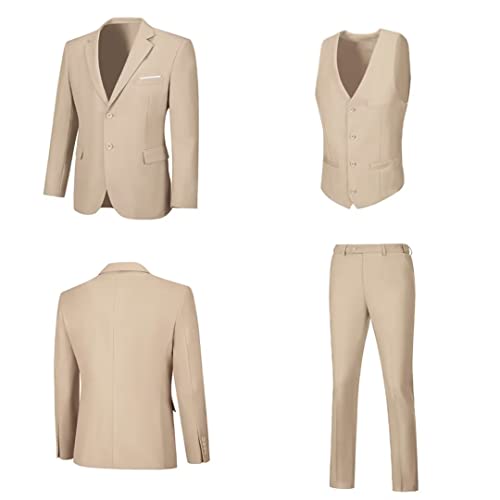 Men’s 3 Piece Suit Set Slim Fit Dress Suits Set with 2 Button Tux Blazer Jacket Vest Pants & Tie for Party Wedding Business Beige S