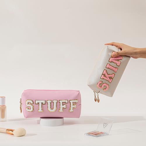 Vorey 2PCS Preppy Makeup Bag for Women Travel Toiletry Bag Chenille Letter Cosmetic Bag PU Leather Waterproof Pouch Cute Zipper Organizer, Stuff and Skin