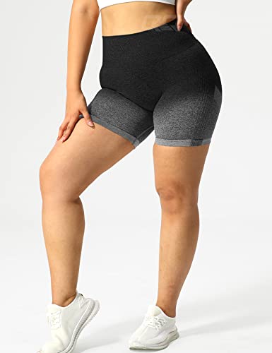 QOQ Women Scrunch Butt Workout Shorts Seamless High Waist Ruched Booty Yoga Biker Shorts Black Grey L