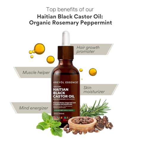 Kreyol Essence - Rosemary Peppermint Haitian Black Castor Oil for Skin and Hair, 3.4 Oz Glass Bottle -, Natural Humectant, Hair Growth.