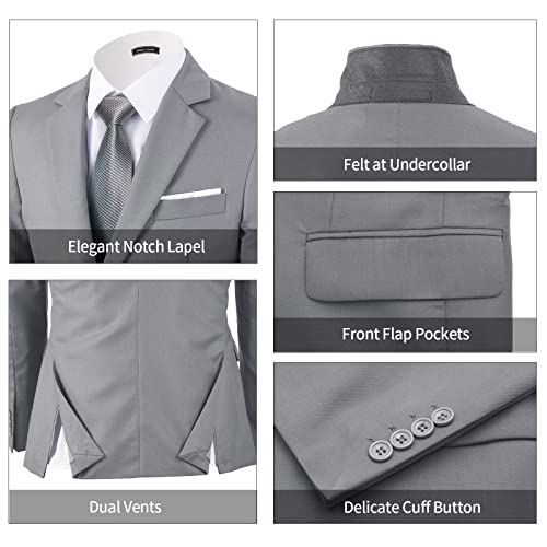 WEEN CHARM Men's Suits Slim Fit,3 Piece Suit for Men,2 Button Blazer Jacket Vest Pants with Tie,Men Tuxedo Suit Set Light Grey