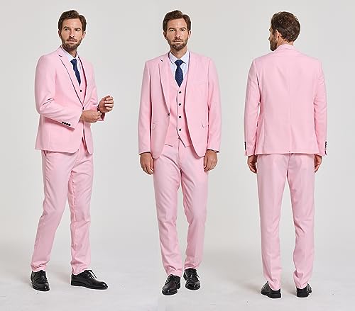 Hihawk Men's 3 Piece Suit with Stretch Fabric, Solid Slim Fit One Button Suit Blazer Set, Jacket Vest Pants with Tie. Light Pink Large