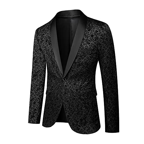LiveZou Men's Floral Dinner Party Prom Wedding Stylish Tuxedo Coat Suit, Black-2 Piece, Large