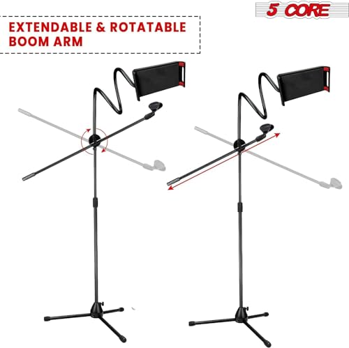 5 Core Microphone Stand Pair + Phone Holder Floor Boom Mic Stand Gooseneck + Tablet Holder Collapsible Adjustable Tripod Mic Stand w Two Mic Clips + Carry Bag for Singing Karaoke Studio Parties MS MOB