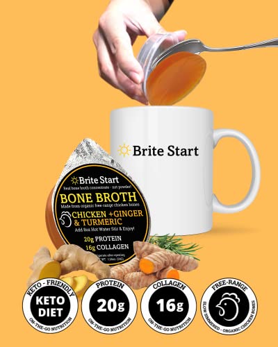 Brite Start Bone Broth - Chicken + Ginger & Turmeric - 12 Count - Keto Friendly Concentrate with 16g Collagen, 20g Paleo Protein - Made from Organic Free Range Chicken Bones - Single Serve Packets