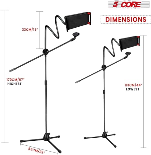 5 Core Microphone Stand Pair + Phone Holder Floor Boom Mic Stand Gooseneck + Tablet Holder Collapsible Adjustable Tripod Mic Stand w Two Mic Clips + Carry Bag for Singing Karaoke Studio Parties MS MOB