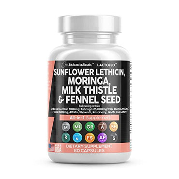 Sunflower Lecithin 6000mg Lactation Supplement with Moringa 25000mg Milk Thistle 2000mg Fennel Seed 2000mg Plus Goats Rue, Shatavari, Alfalfa, Red Raspberry & Nettle For Breastfeeding USA Made 60 Ct