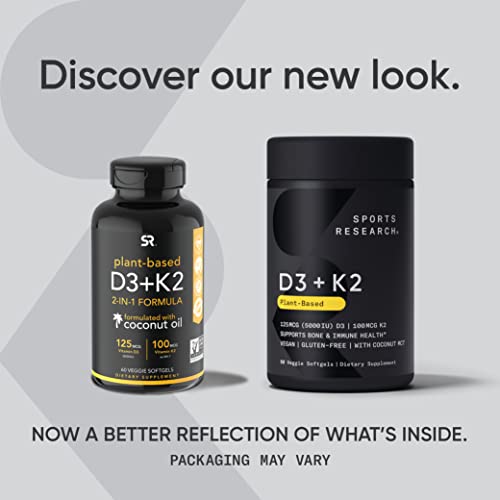 Sports Research Vitamin D3 K2 with 5000iu of Vegan D3 & 100mcg of Vitamin K2 as MK7 | Non-GMO Verified, Vegan Certified, Gluten & Soy Free - 60 Liquid Softgels