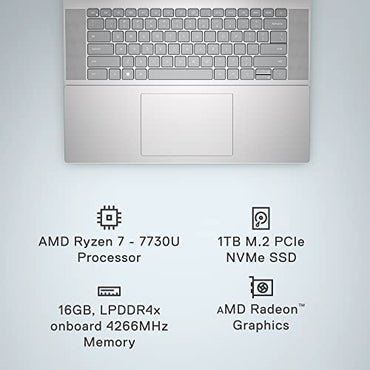 Dell Inspiron 16 5635 Laptop - AMD Ryzen 7-7730U, QHD 16 inch, 16GB LPDDR4x RAM, 1TB SSD, AMD Radeon Graphics, Windows 11 Home, 1 Year Premium Support - Platinum Silver