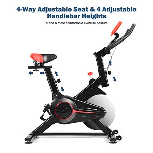 GYMAX Indoor Cycling Bike, Stationary Exercise Bike with LCD Monitor, Heart Pulse Sensor & Comfortable Seat Cushion for Home Workout Black+Red