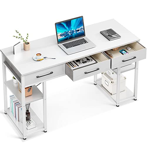 ODK Office Small Computer Desk: Home Table with Fabric Drawers & Storage Shelves, Modern Writing Desk, White, 48"x16"