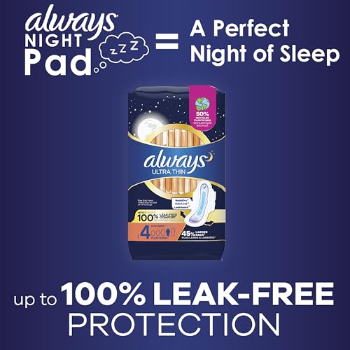 Always Ultra Thin Feminine Pads For Women, Size 4 Overnight Absorbency, With Wings, Unscented, 50 Count x 3 (150 Count Total)